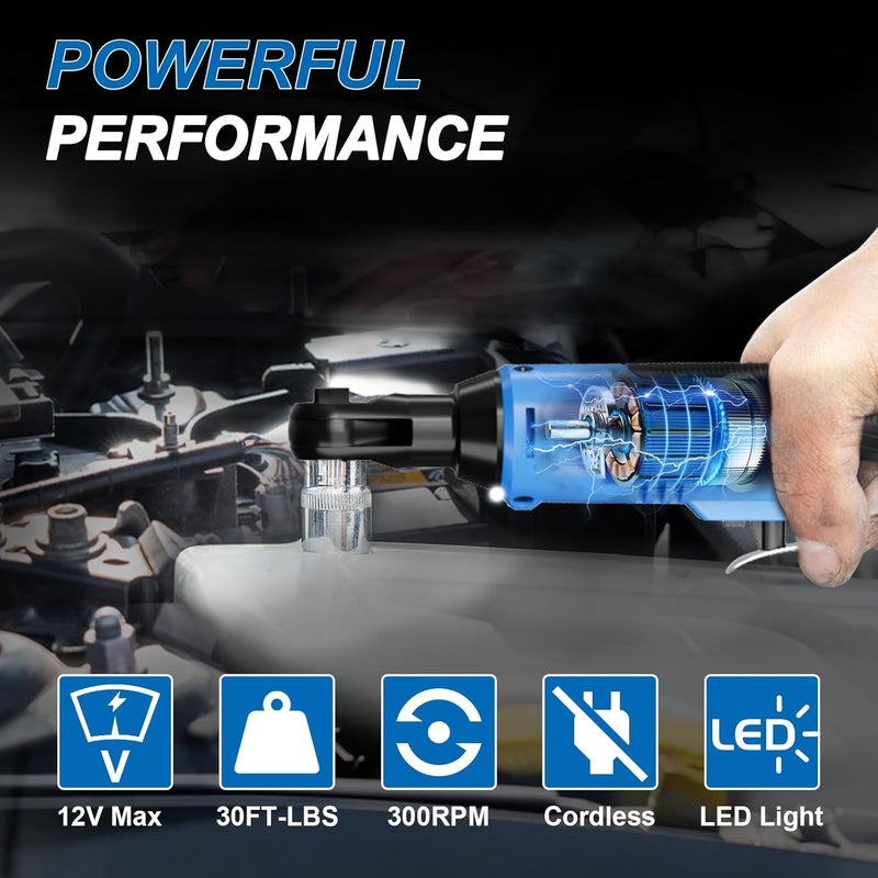 AZZUNO 3/8" Electric Ratchet Wrench Set 30 Ft-lbs Cordless Ratchet Wrench 300 RPM Power Ratchet Tool Kit with 2 x 2000mAh Lithium-Ion Battery, Fast Charger, 7 Sockets and 3" Extension Bar - Image 2